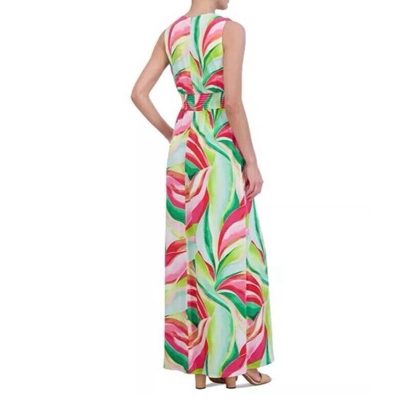 Jessica Howard Maxi Dress Sz 6 Green Pink Tropical Floral Front Knot V-Neck - Picture 5 of 11